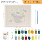 Cat Ghost in a Witch Hat punch needle kit, 20 × 24 in (50 × 60 cm): canvas size and kit contents