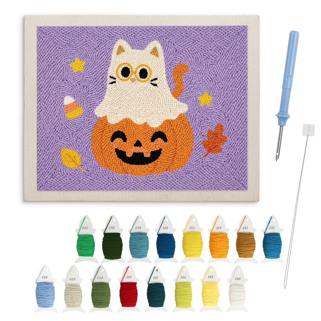 Cat Ghost on a Pumpkin punch needle kit: finished canvas with threads, punch needle and threader