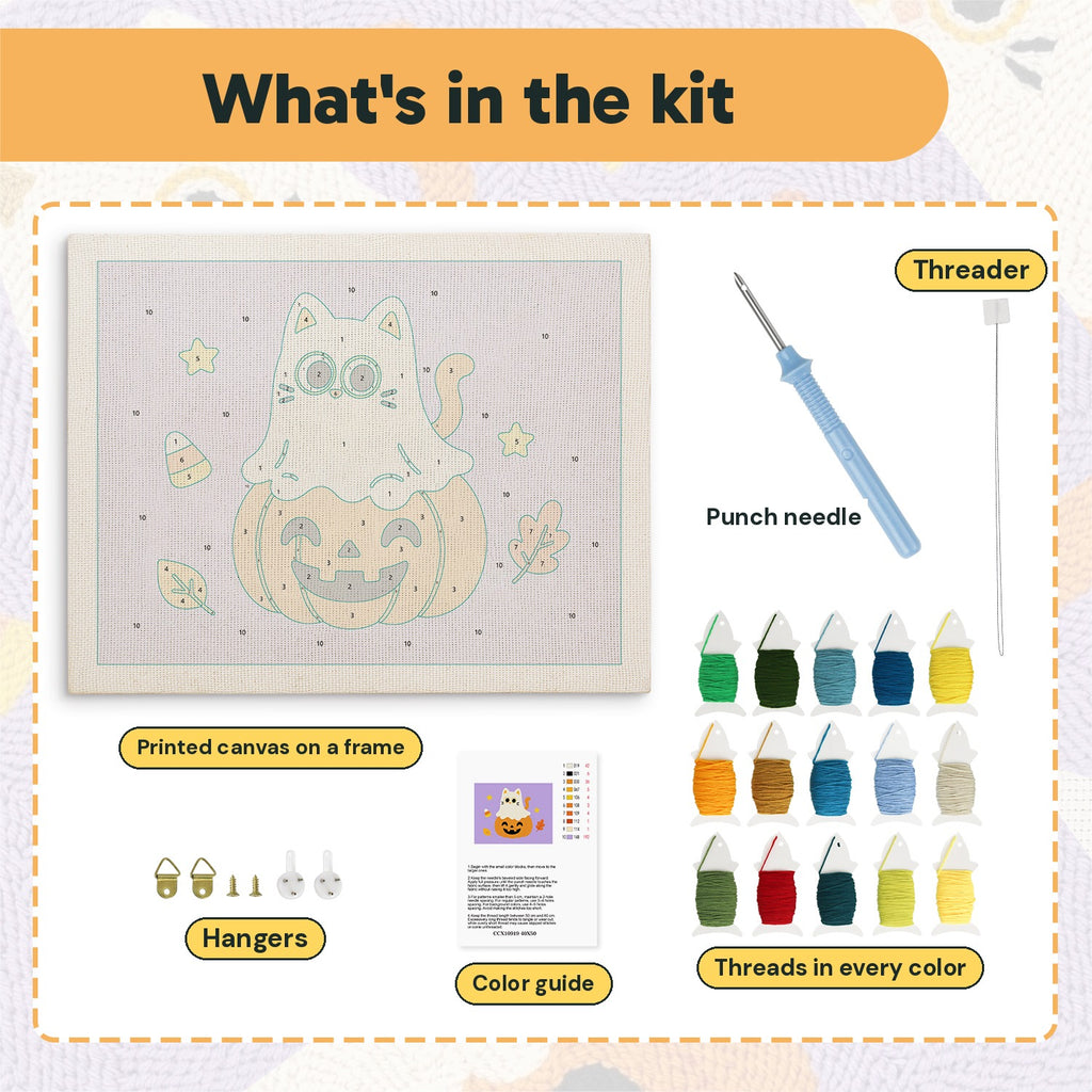 What is in the Cat Ghost on a Pumpkin kit: printed canvas, punch needle, threader, threads, color guide and hangers