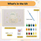 What is in the Cat Ghost on a Pumpkin kit: printed canvas, punch needle, threader, threads, color guide and hangers