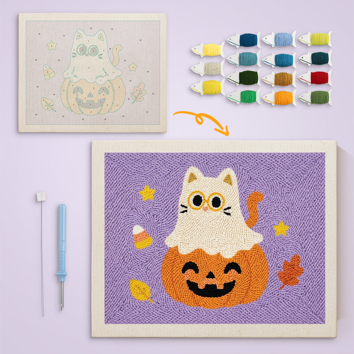 Cat Ghost on a Pumpkin canvas before and after punching, with the threads and tools