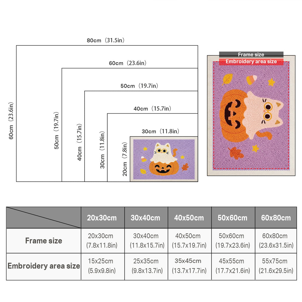 Size chart for punch needle kits from 20 x 30 cm to 60 x 80 cm