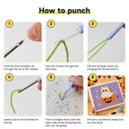 Six steps showing how to thread and use the punch needle