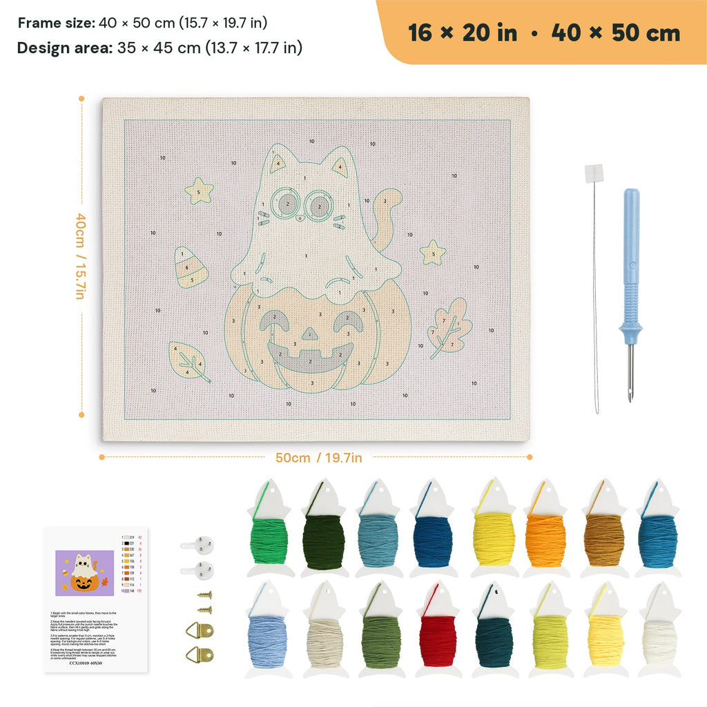 Cat Ghost on a Pumpkin punch needle kit, 16 × 20 in (40 × 50 cm): canvas size and kit contents