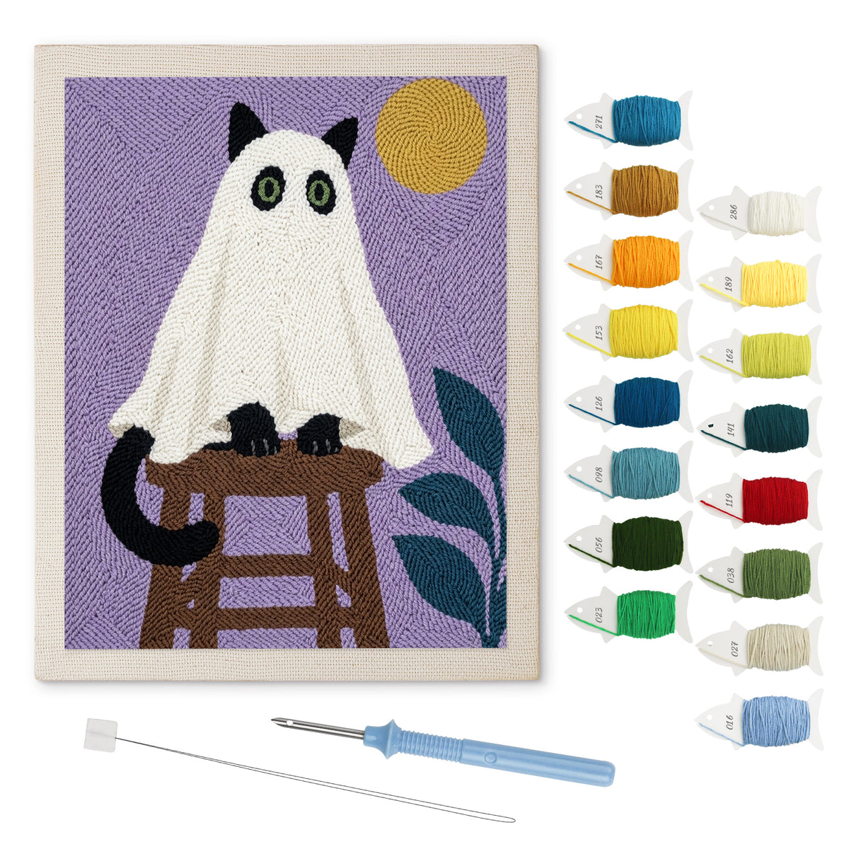 Cat Ghost on a Stool punch needle kit: finished canvas with threads, punch needle and threader