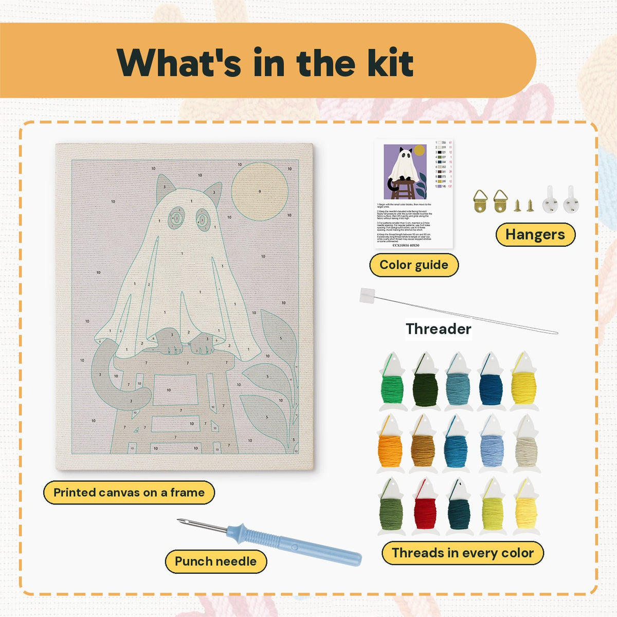 What is in the Cat Ghost on a Stool kit: printed canvas, punch needle, threader, threads, color guide and hangers