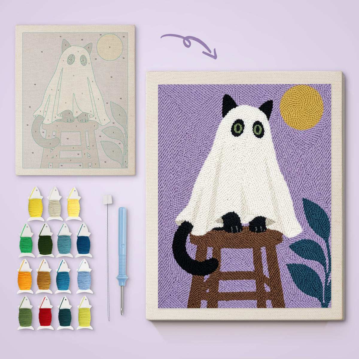 Cat Ghost on a Stool canvas before and after punching, with the threads and tools