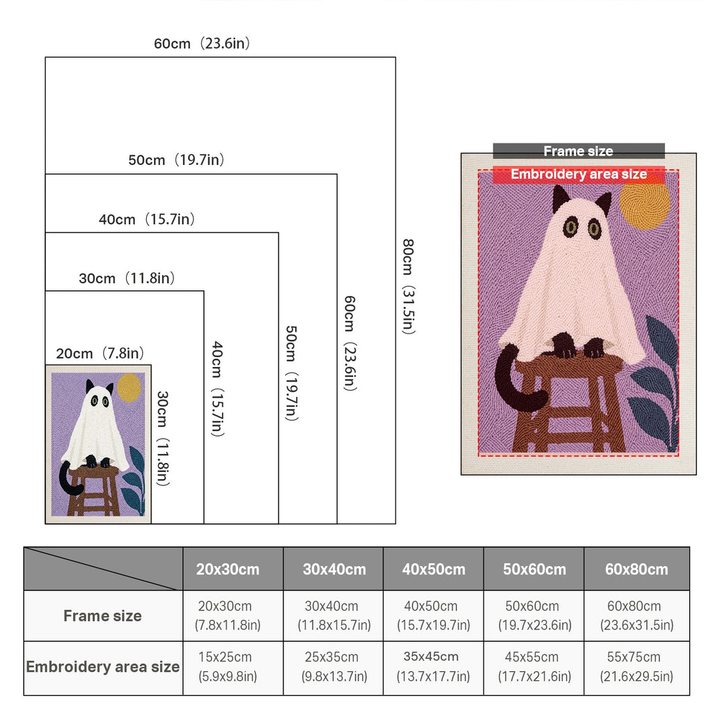 Size chart for punch needle kits from 20 x 30 cm to 60 x 80 cm