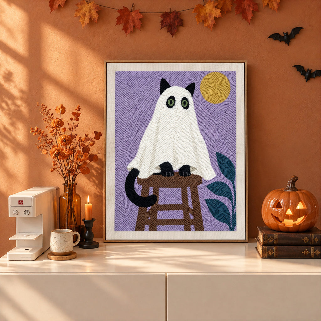 Finished Cat Ghost on a Stool punch needle canvas on a wall