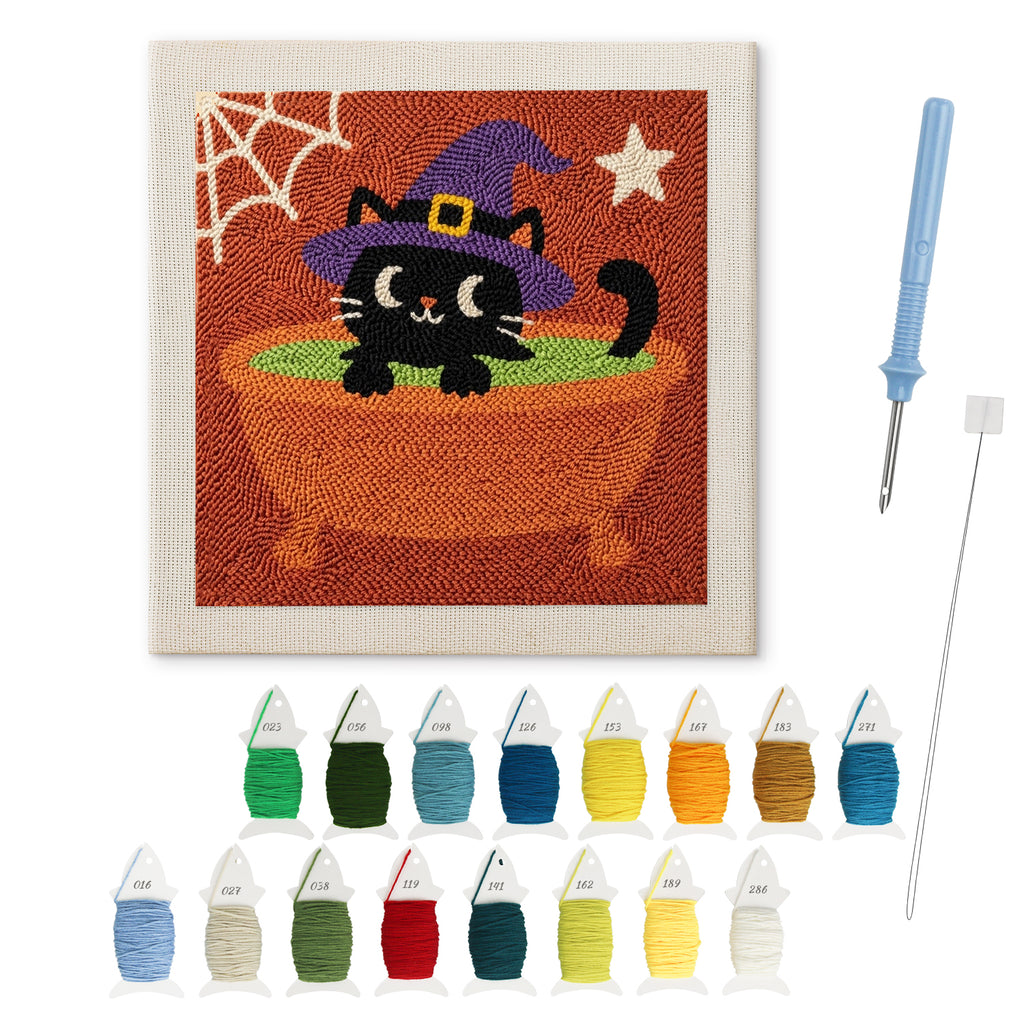 Cat in a Cauldron Bath punch needle kit: finished canvas with threads, punch needle and threader