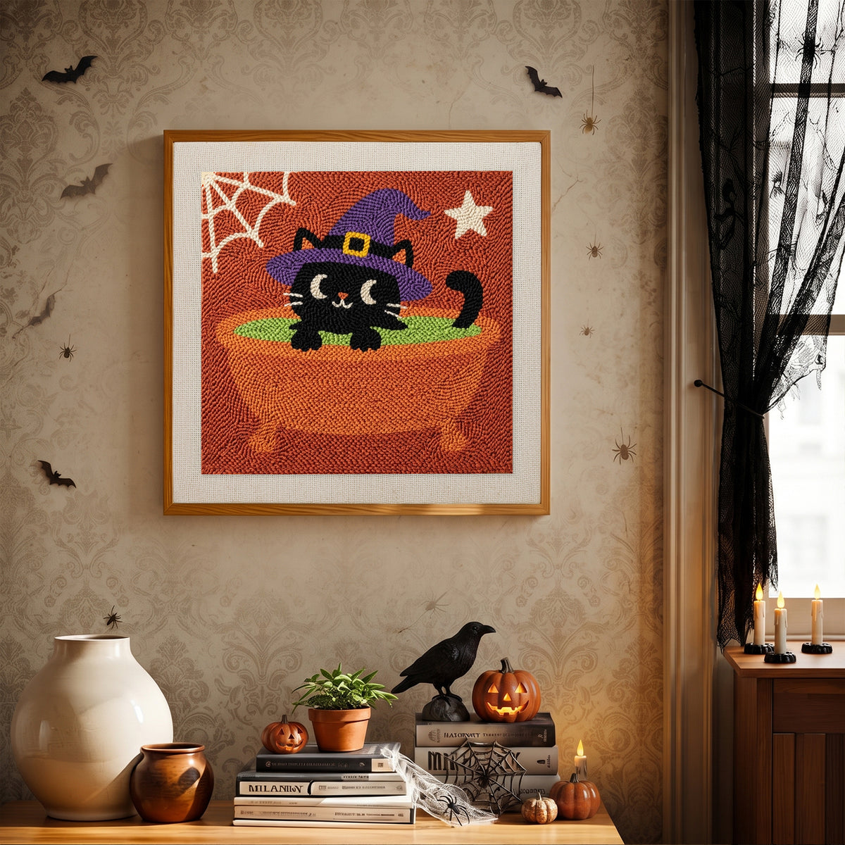 Finished Cat in a Cauldron Bath punch needle canvas on a wall