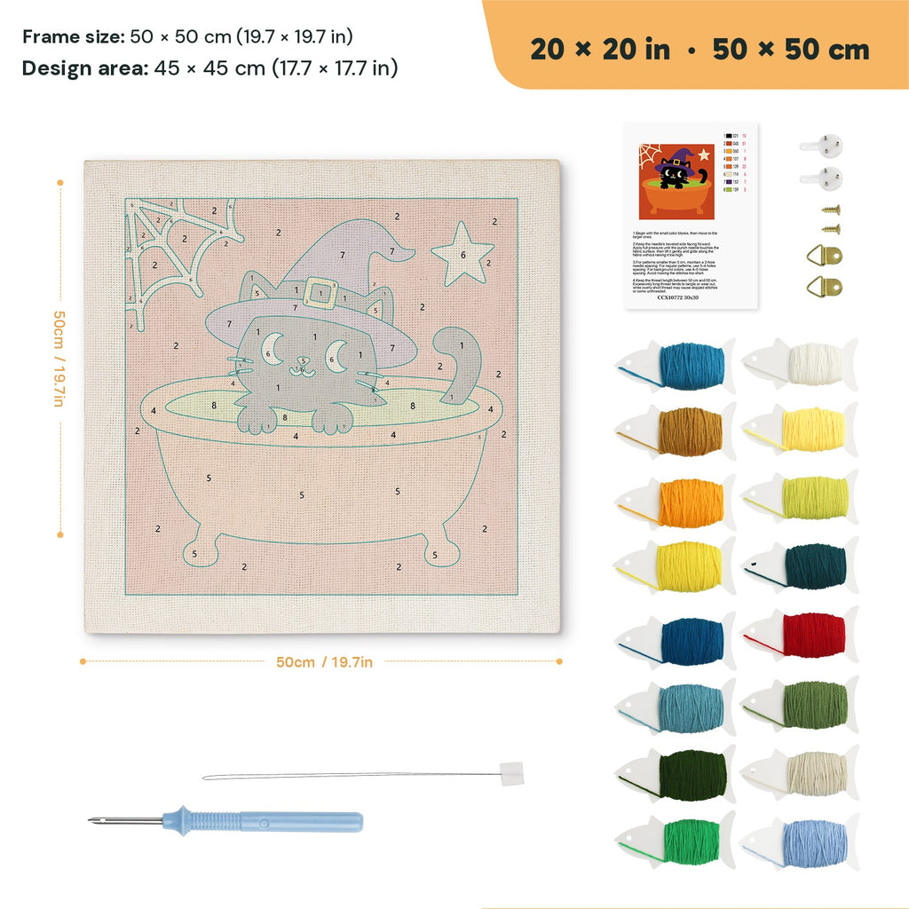 Cat in a Cauldron Bath punch needle kit, 20 × 20 in (50 × 50 cm): canvas size and kit contents