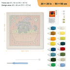 Cat in a Cauldron Bath punch needle kit, 20 × 20 in (50 × 50 cm): canvas size and kit contents
