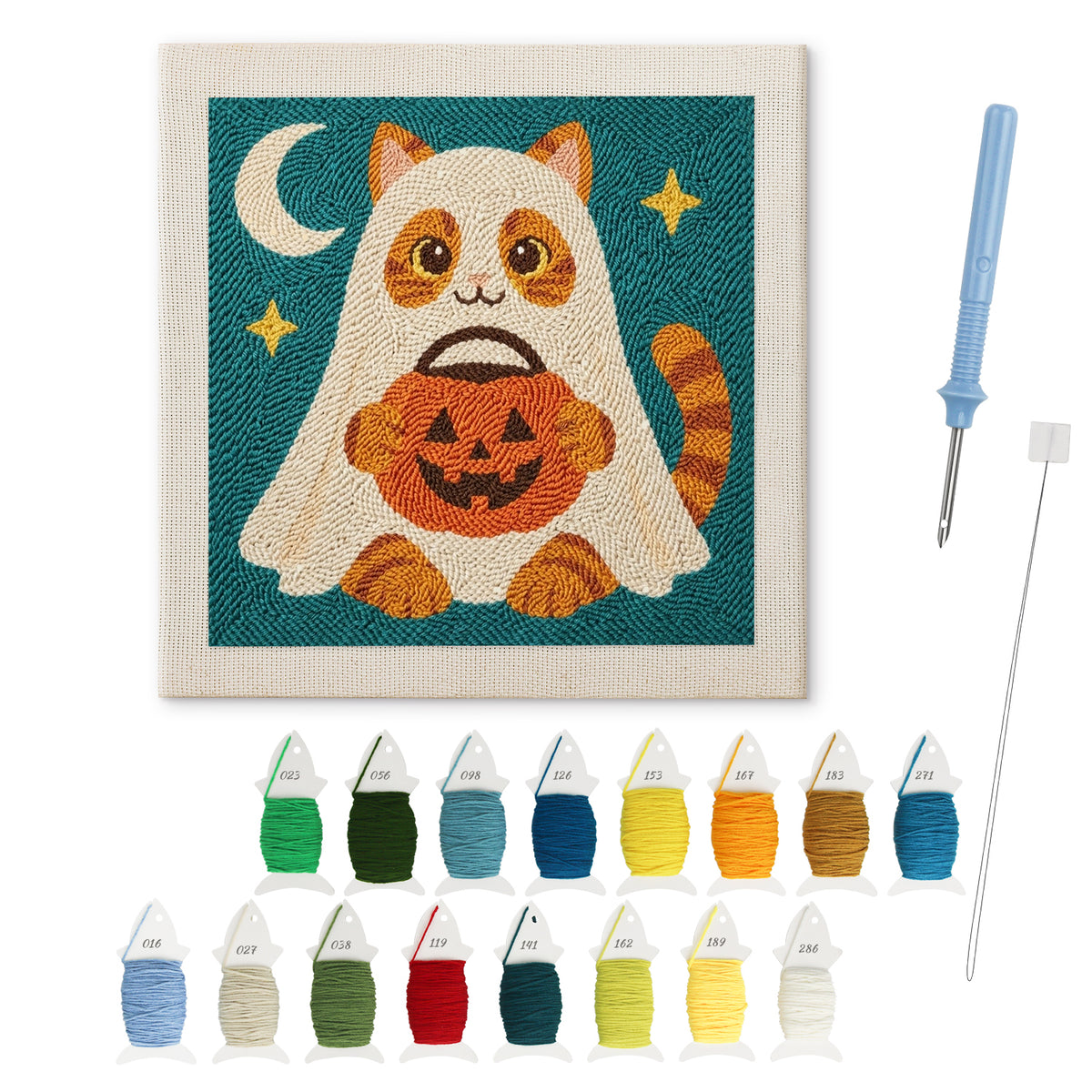 Cat in a Ghost Sheet punch needle kit: finished canvas with threads, punch needle and threader