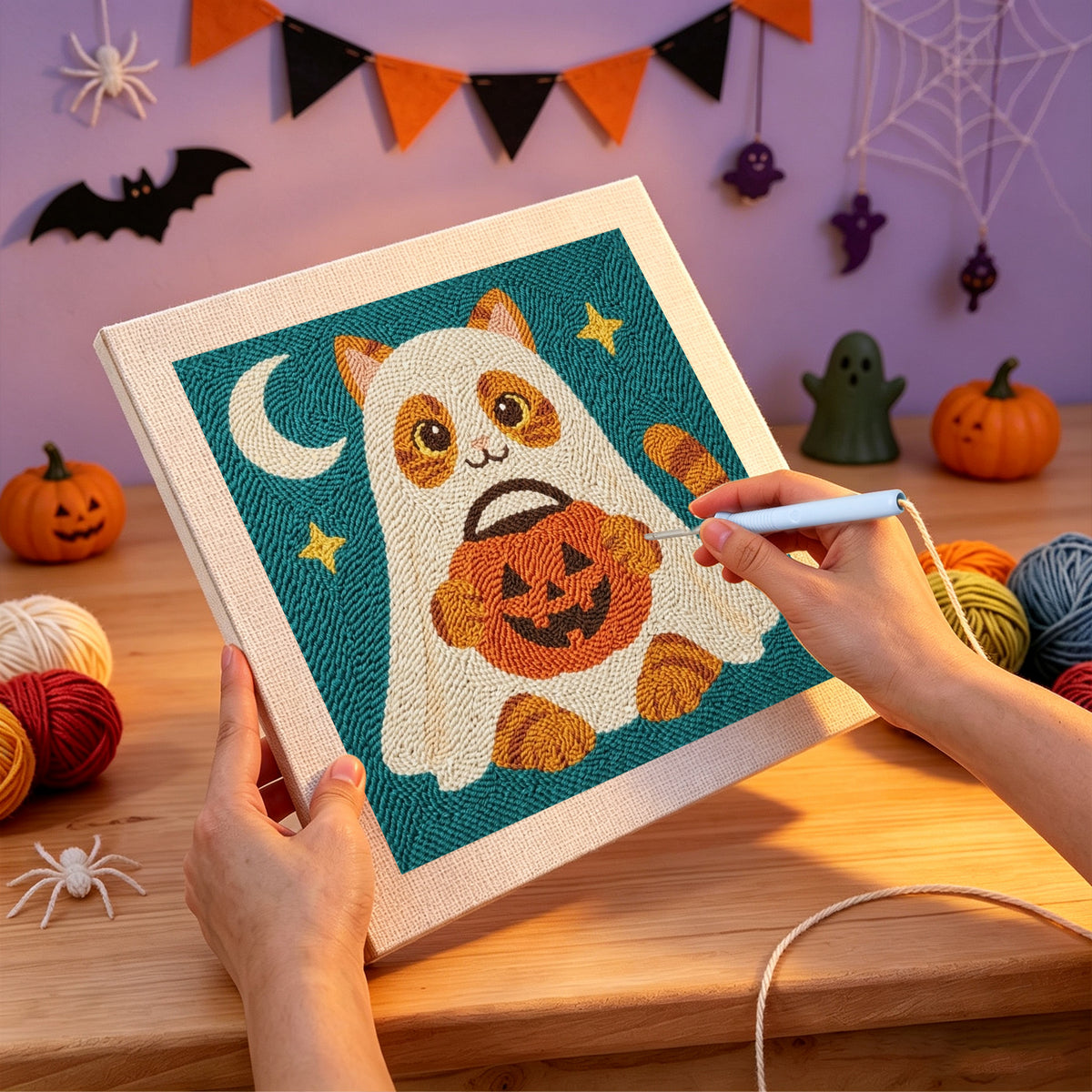 Punching the Cat in a Ghost Sheet design with the punch needle