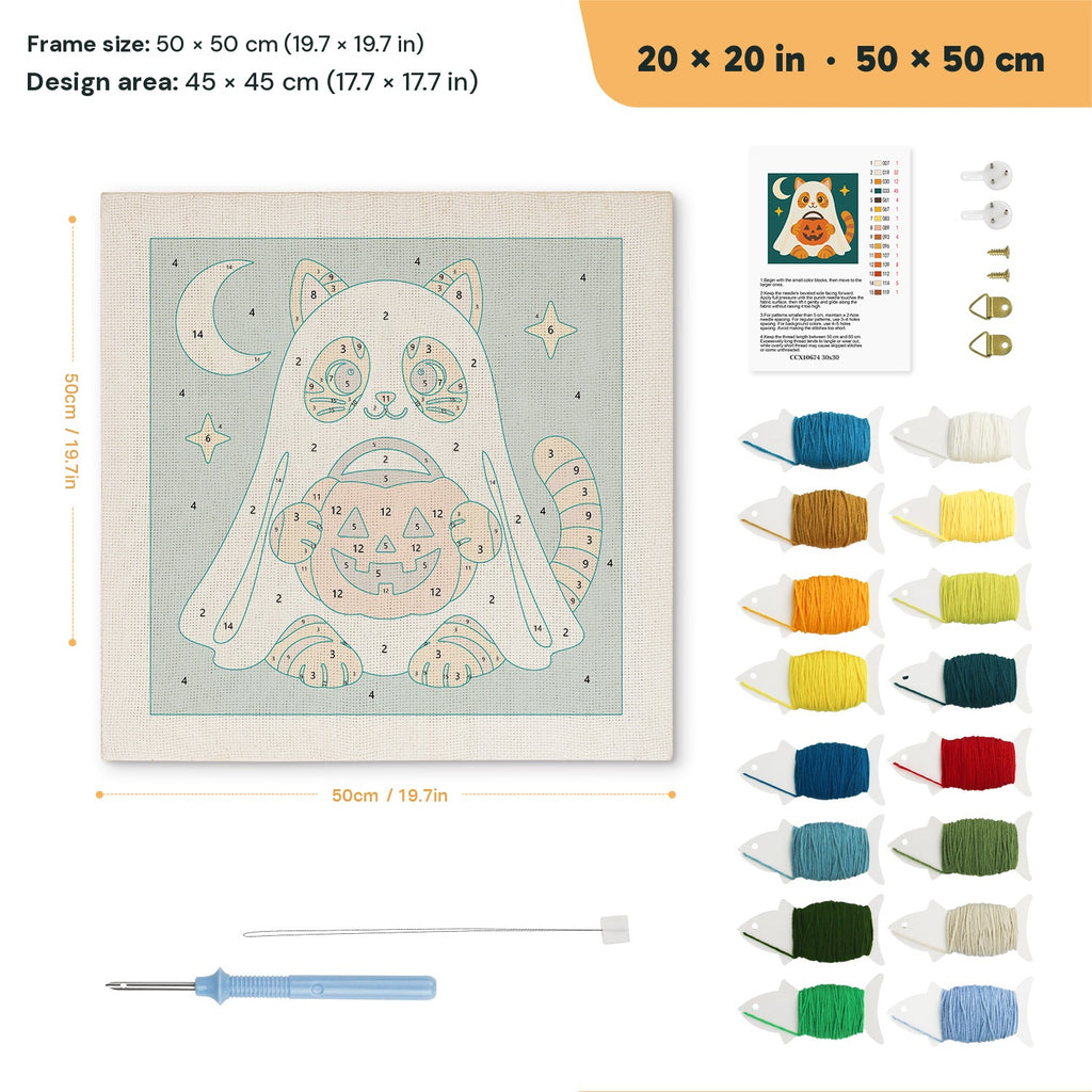 Cat in a Ghost Sheet punch needle kit, 20 × 20 in (50 × 50 cm): canvas size and kit contents