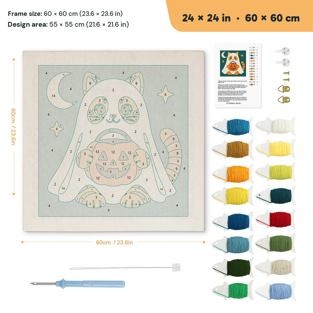 Cat in a Ghost Sheet punch needle kit, 24 × 24 in (60 × 60 cm): canvas size and kit contents