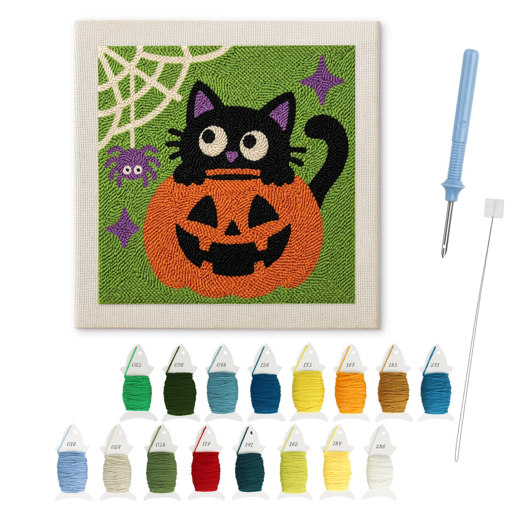 Cat in a Pumpkin punch needle kit: finished canvas with threads, punch needle and threader