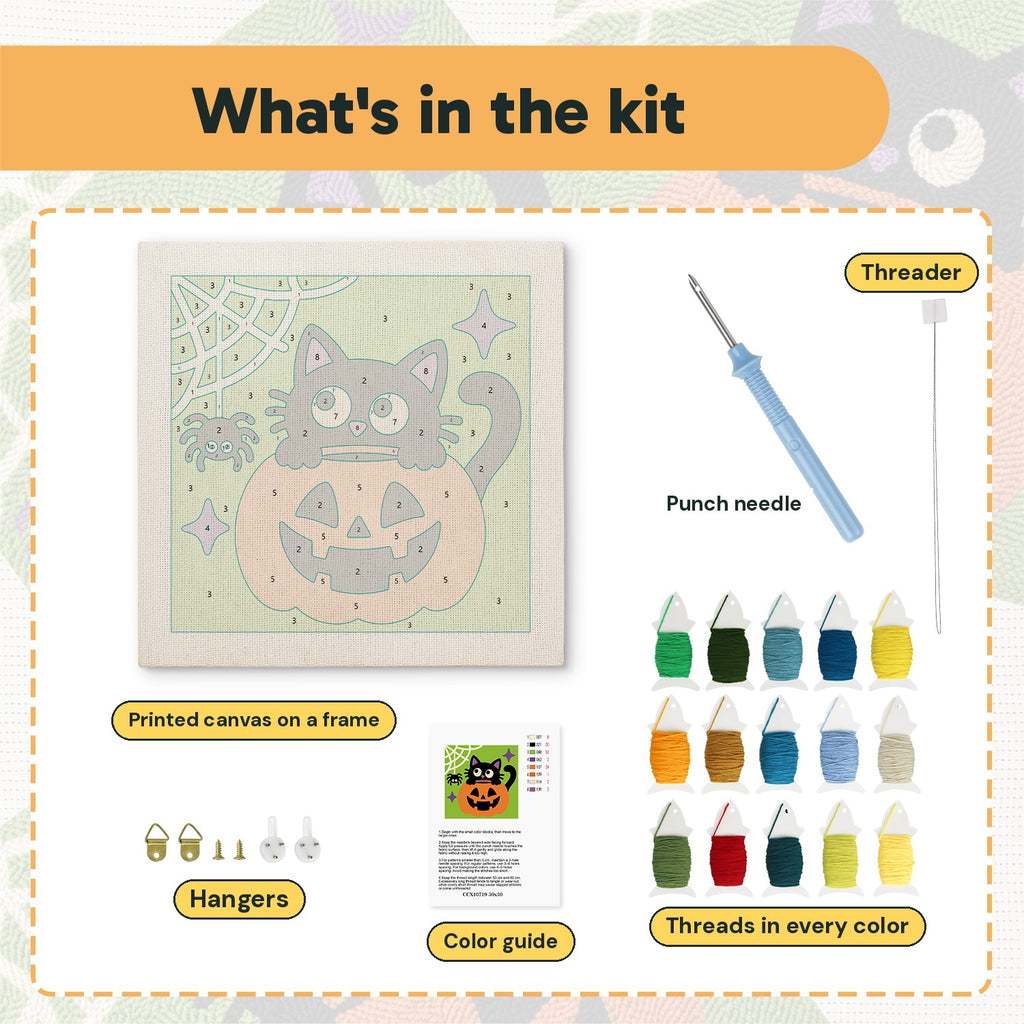 What is in the Cat in a Pumpkin kit: printed canvas, punch needle, threader, threads, color guide and hangers