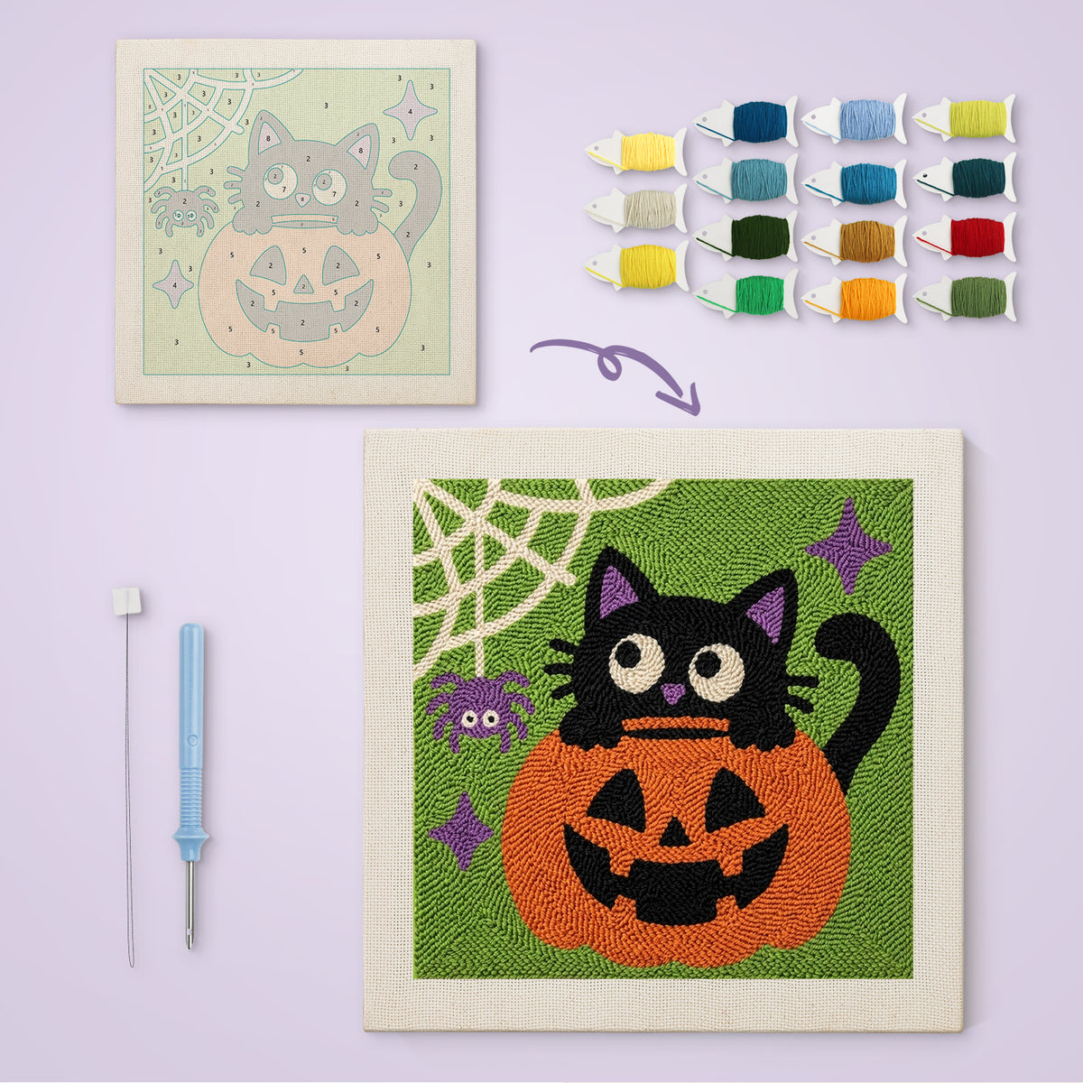 Cat in a Pumpkin canvas before and after punching, with the threads and tools