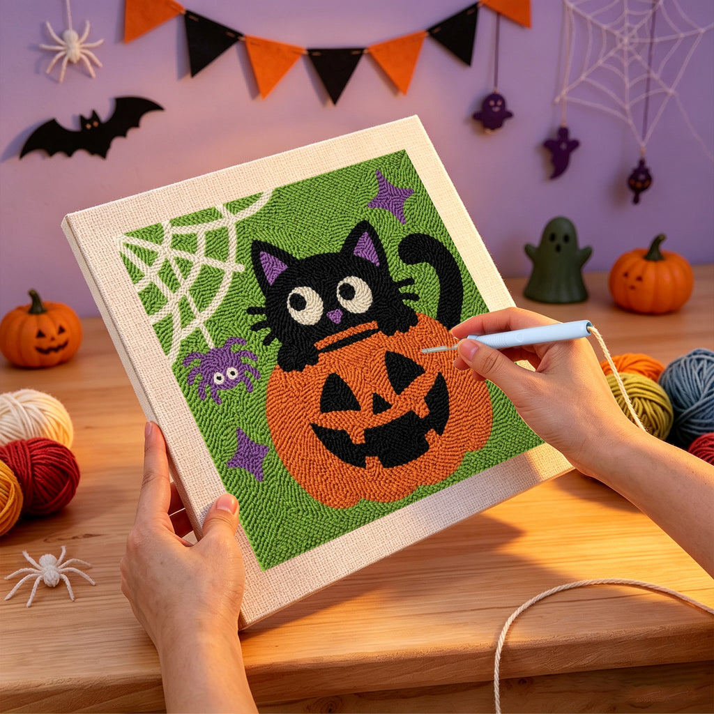 Punching the Cat in a Pumpkin design with the punch needle