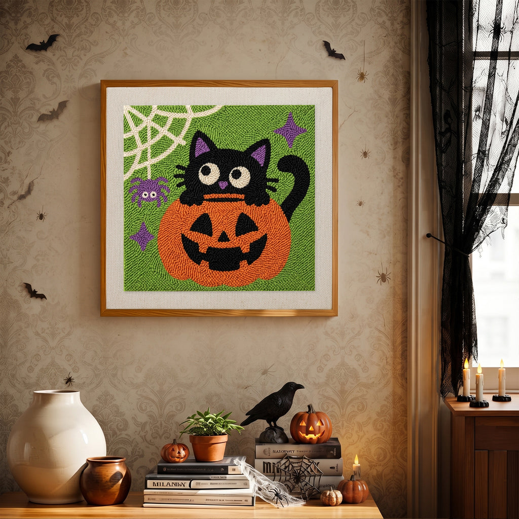 Finished Cat in a Pumpkin punch needle canvas on a wall