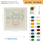 Cat in a Pumpkin punch needle kit, 20 × 20 in (50 × 50 cm): canvas size and kit contents