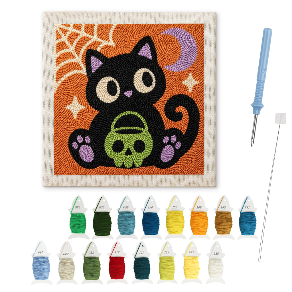 Cat with Skull Pail punch needle kit: finished canvas with threads, punch needle and threader