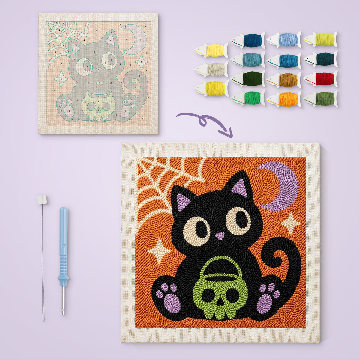 Cat with Skull Pail canvas before and after punching, with the threads and tools