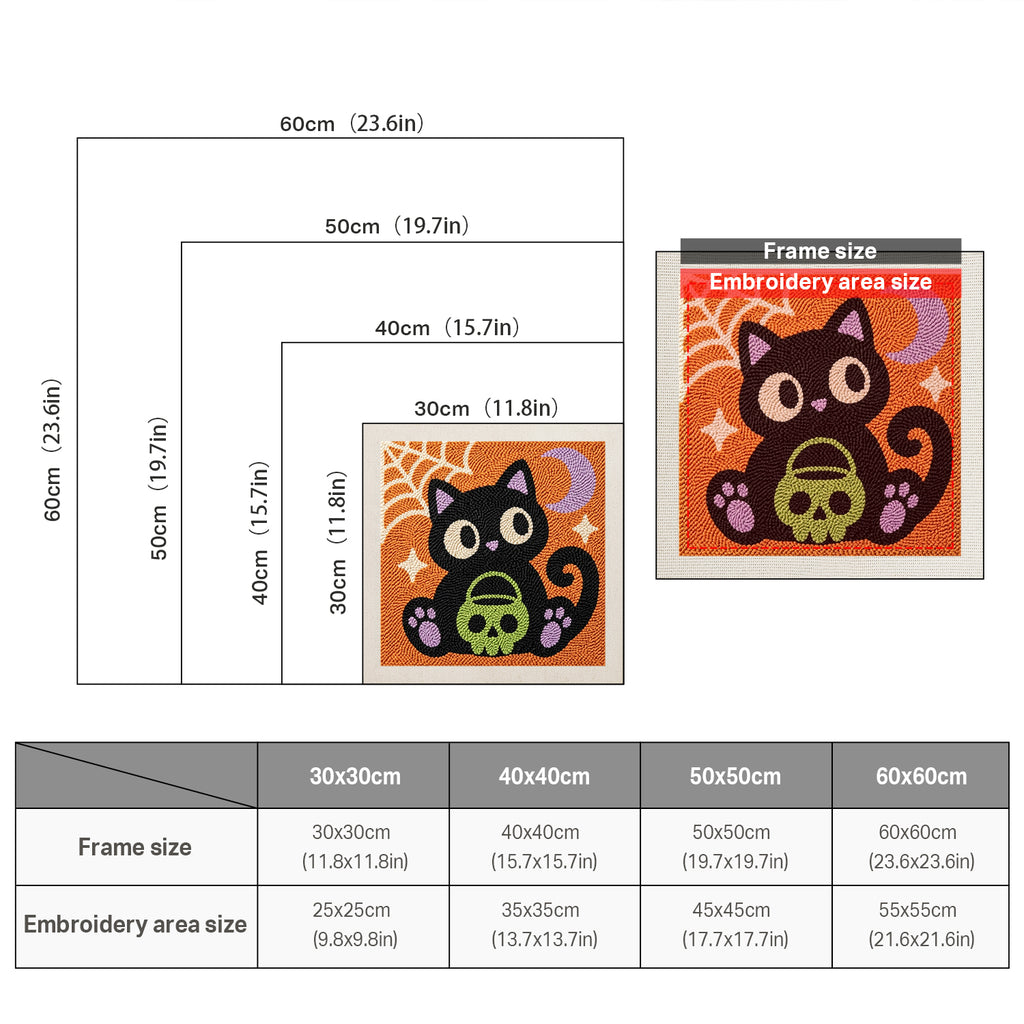 Size chart for square punch needle kits from 30 x 30 cm to 60 x 60 cm