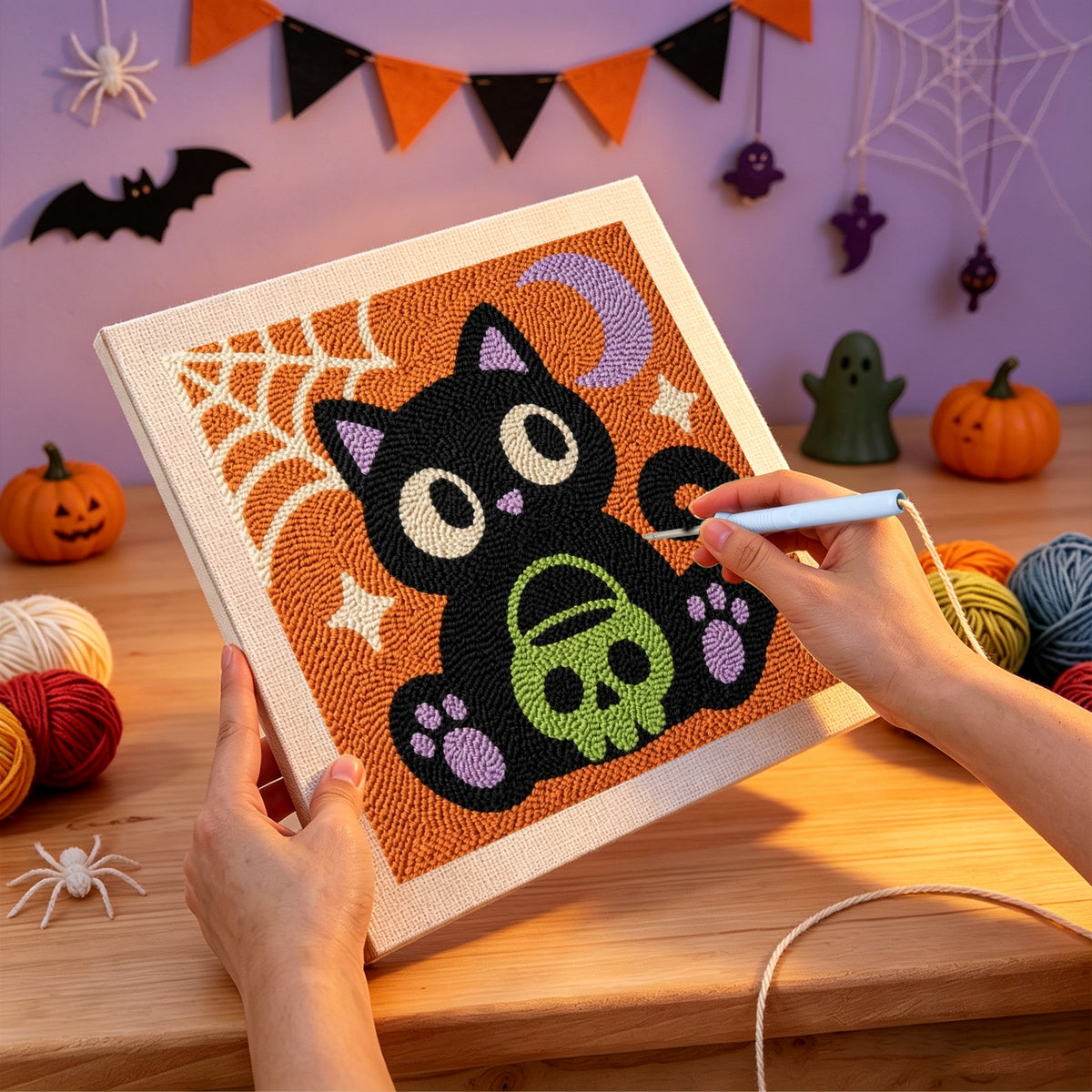 Punching the Cat with Skull Pail design with the punch needle
