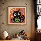 Finished Cat with Skull Pail punch needle canvas on a wall
