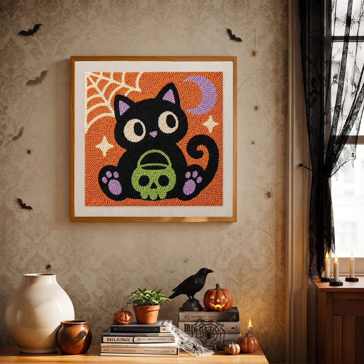 Finished Cat with Skull Pail punch needle canvas on a wall