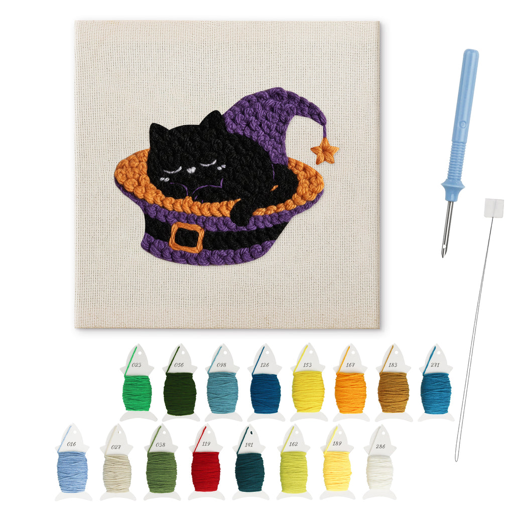 Catnap in a Hat punch needle kit: finished canvas with threads, punch needle and threader