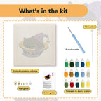 What is in the Catnap in a Hat kit: printed canvas, punch needle, threader, threads, color guide and hangers