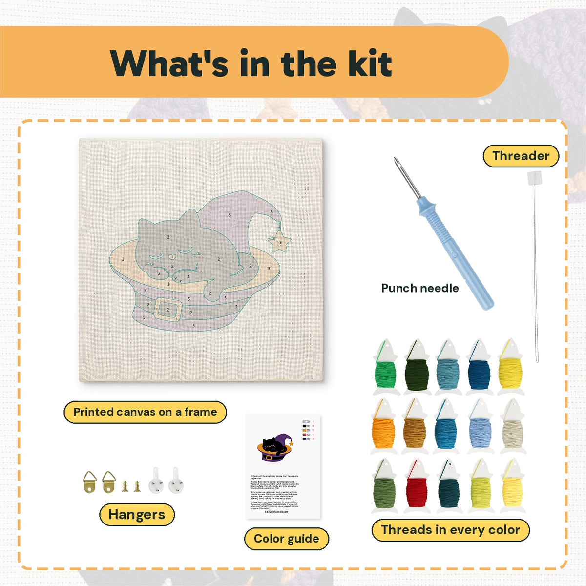 What is in the Catnap in a Hat kit: printed canvas, punch needle, threader, threads, color guide and hangers