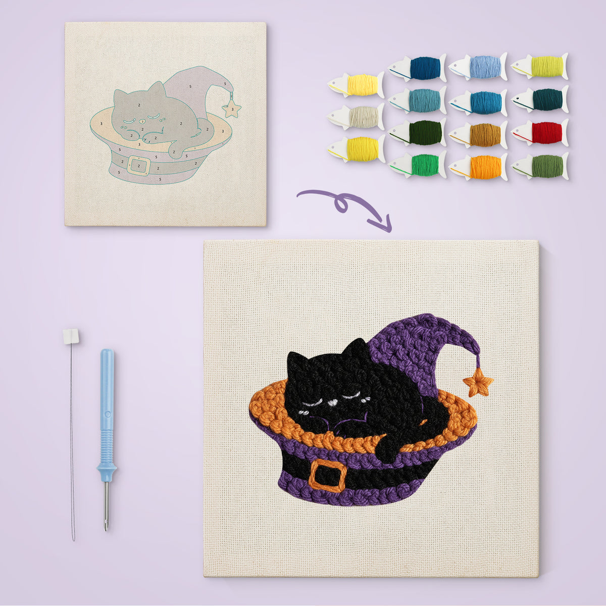 Catnap in a Hat canvas before and after punching, with the threads and tools