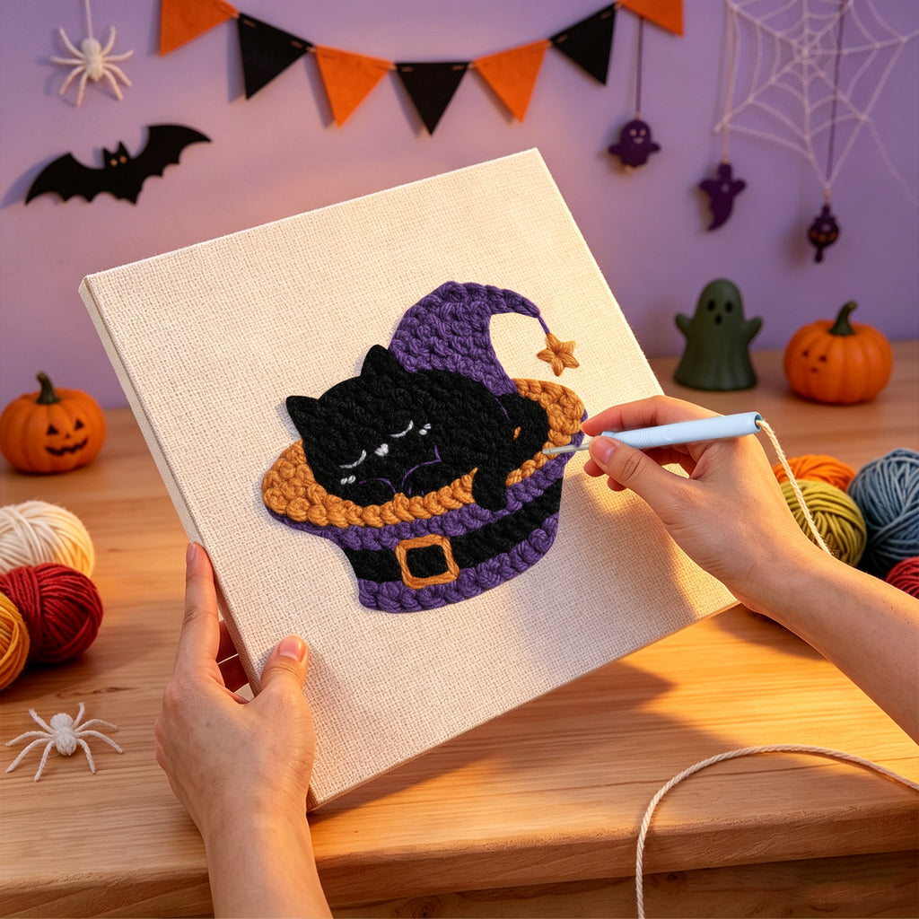 Punching the Catnap in a Hat design with the punch needle
