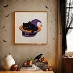 Finished Catnap in a Hat punch needle canvas on a wall