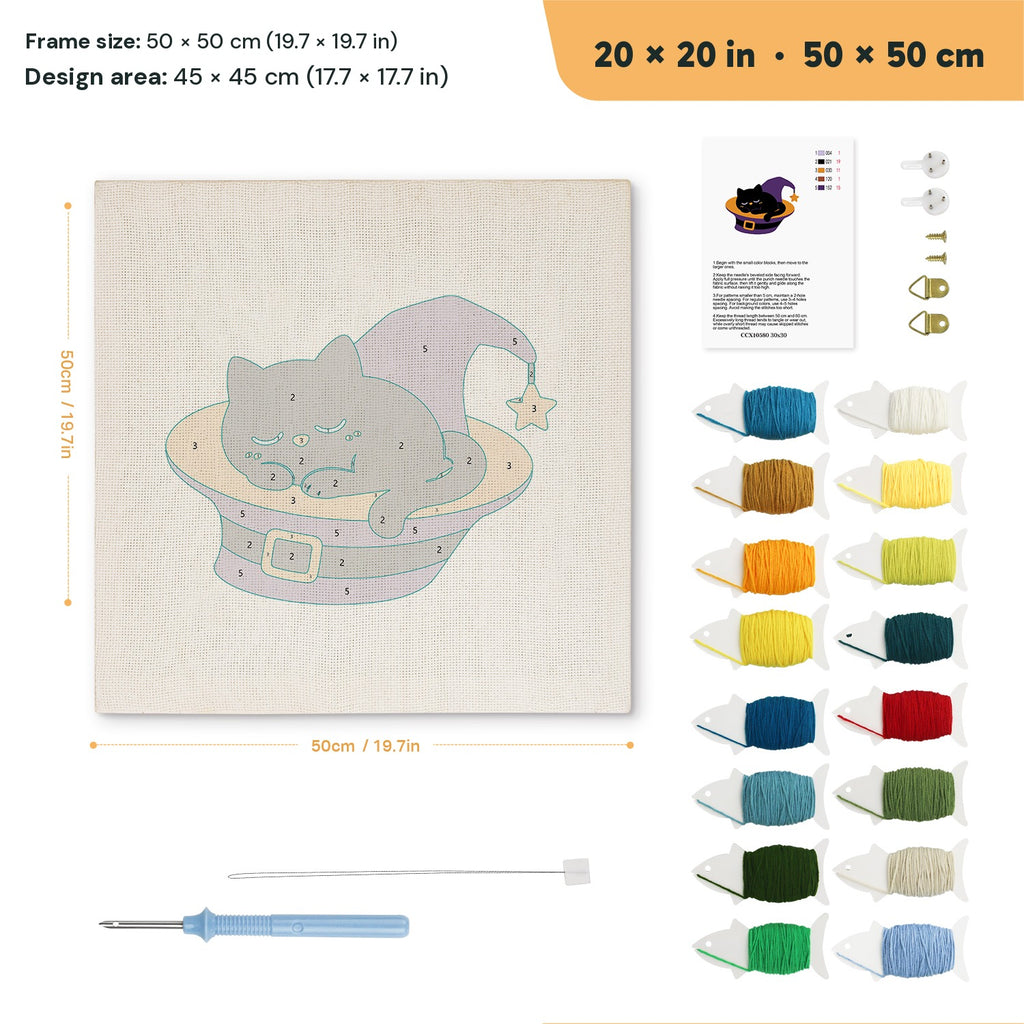Catnap in a Hat punch needle kit, 20 × 20 in (50 × 50 cm): canvas size and kit contents