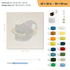 Catnap in a Hat punch needle kit, 20 × 20 in (50 × 50 cm): canvas size and kit contents