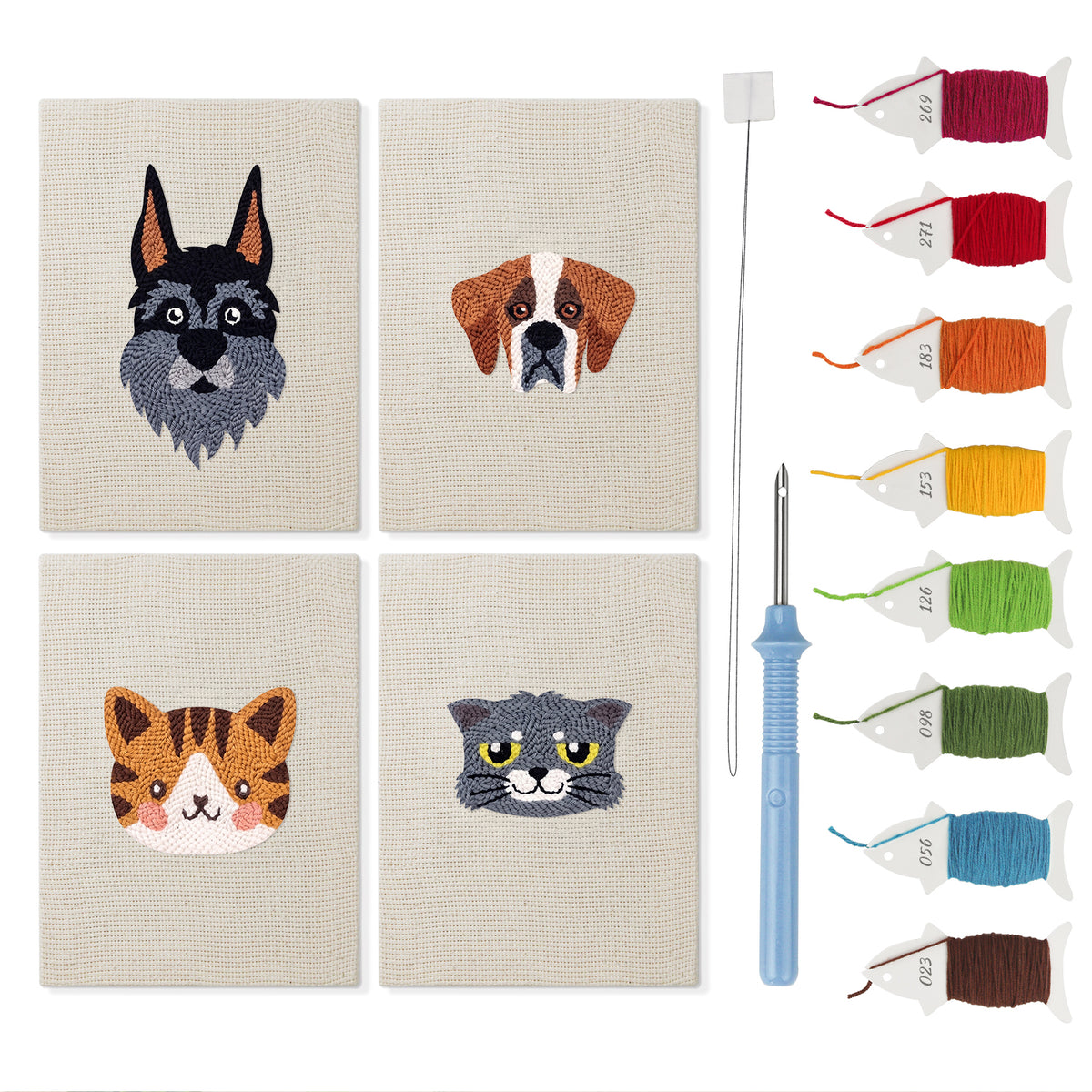 Cats and Dogs mini punch needle kit set: four finished canvases with threads, punch needle and threader