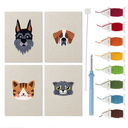 Cats and Dogs mini punch needle kit set: four finished canvases with threads, punch needle and threader