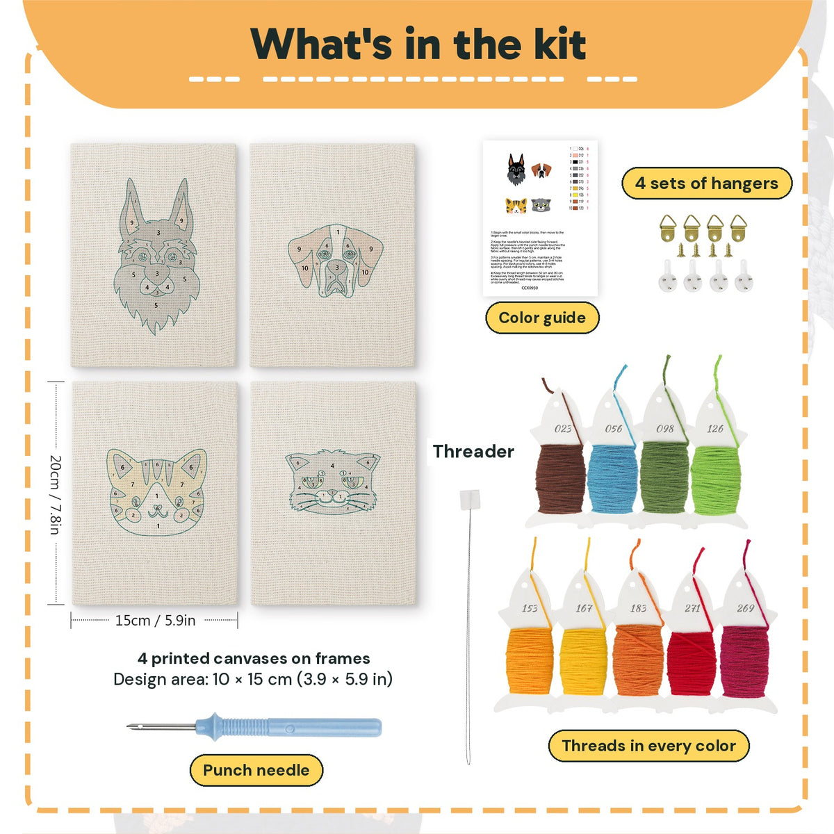 What is in the Cats and Dogs set: 4 printed canvases, punch needle, threader, threads, color guide and 4 sets of hangers (6 × 8 in (15 × 20 cm) each)