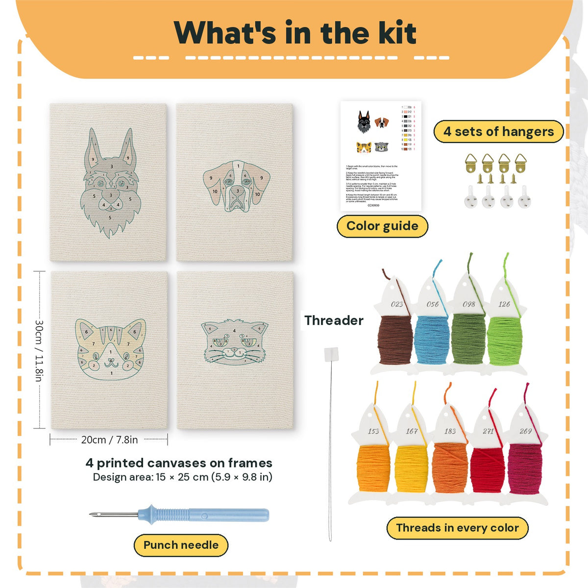 What is in the Cats and Dogs set, 8 × 12 in (20 × 30 cm) each: 4 printed canvases, punch needle, threader, threads, color guide and 4 sets of hangers