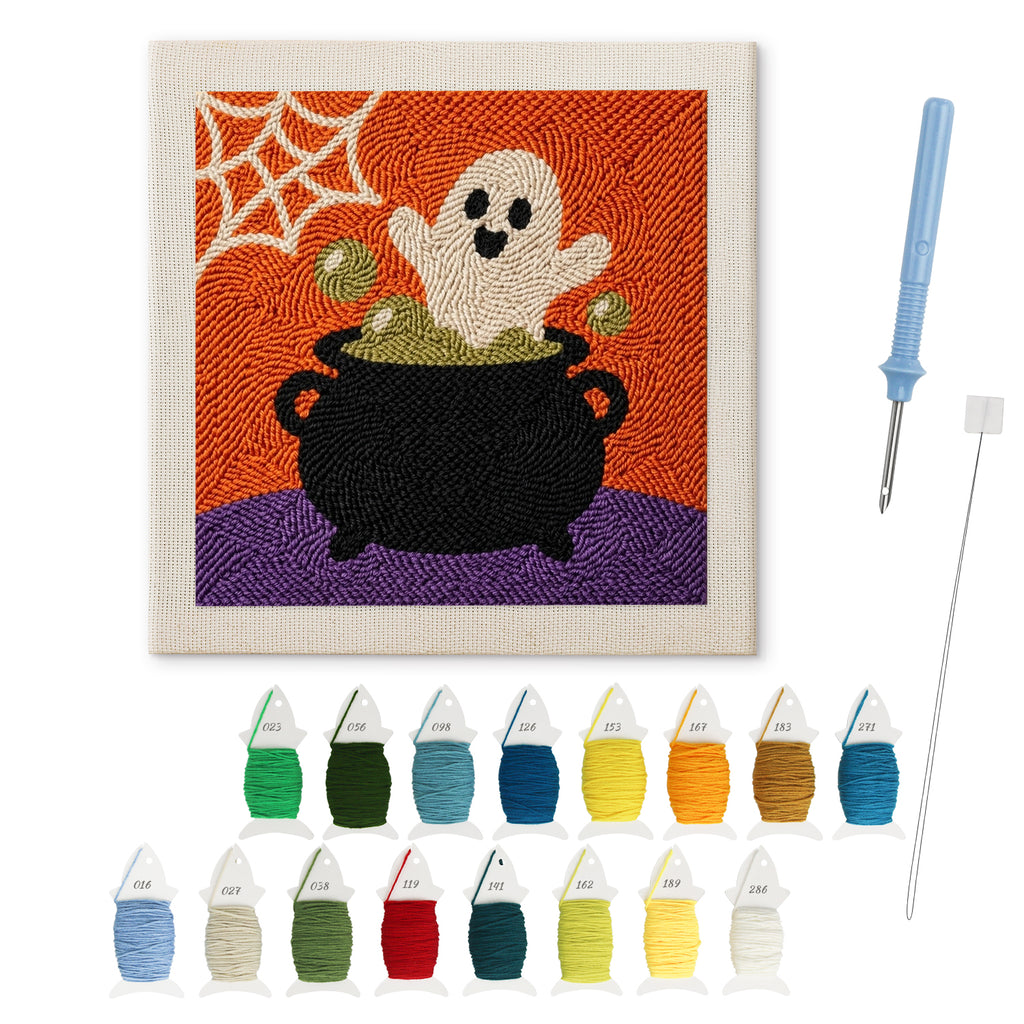 Cauldron Ghost punch needle kit: finished canvas with threads, punch needle and threader