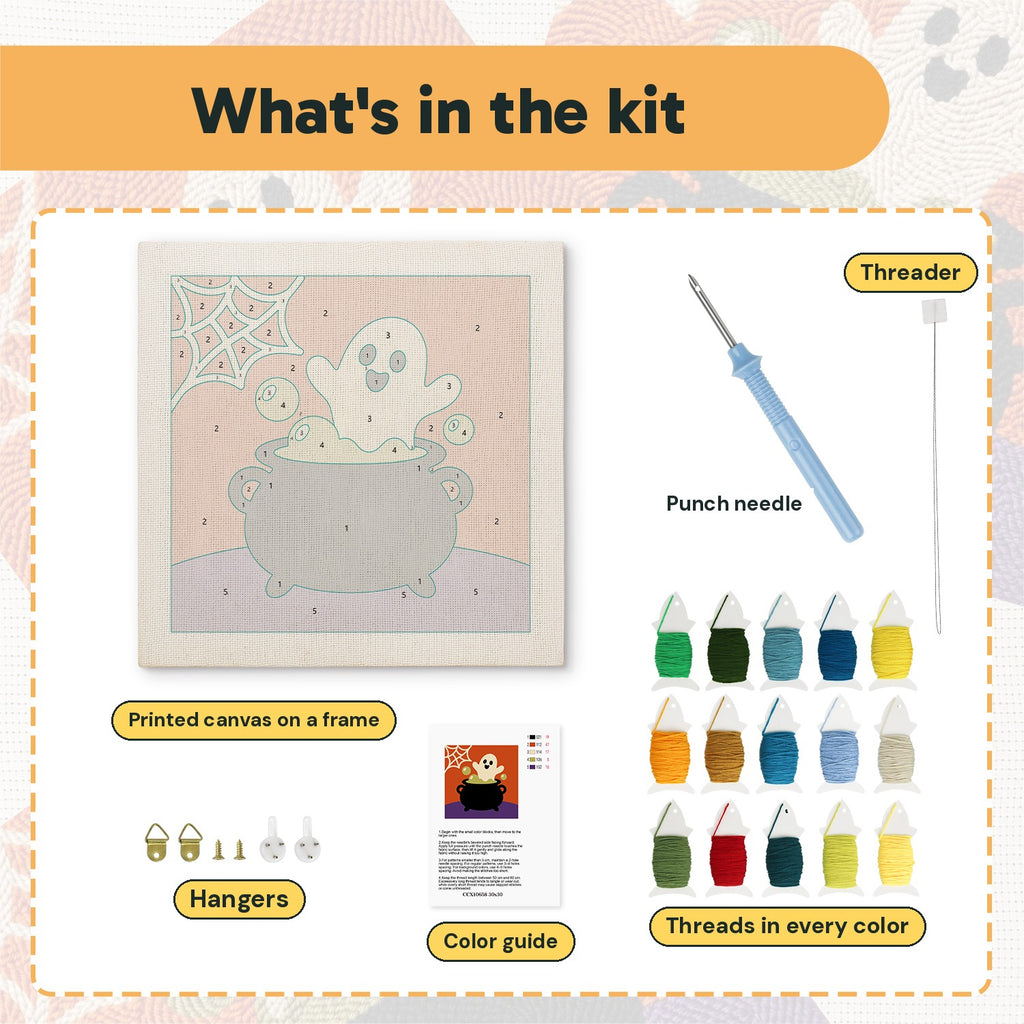 What is in the Cauldron Ghost kit: printed canvas, punch needle, threader, threads, color guide and hangers