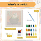 What is in the Cauldron Ghost kit: printed canvas, punch needle, threader, threads, color guide and hangers