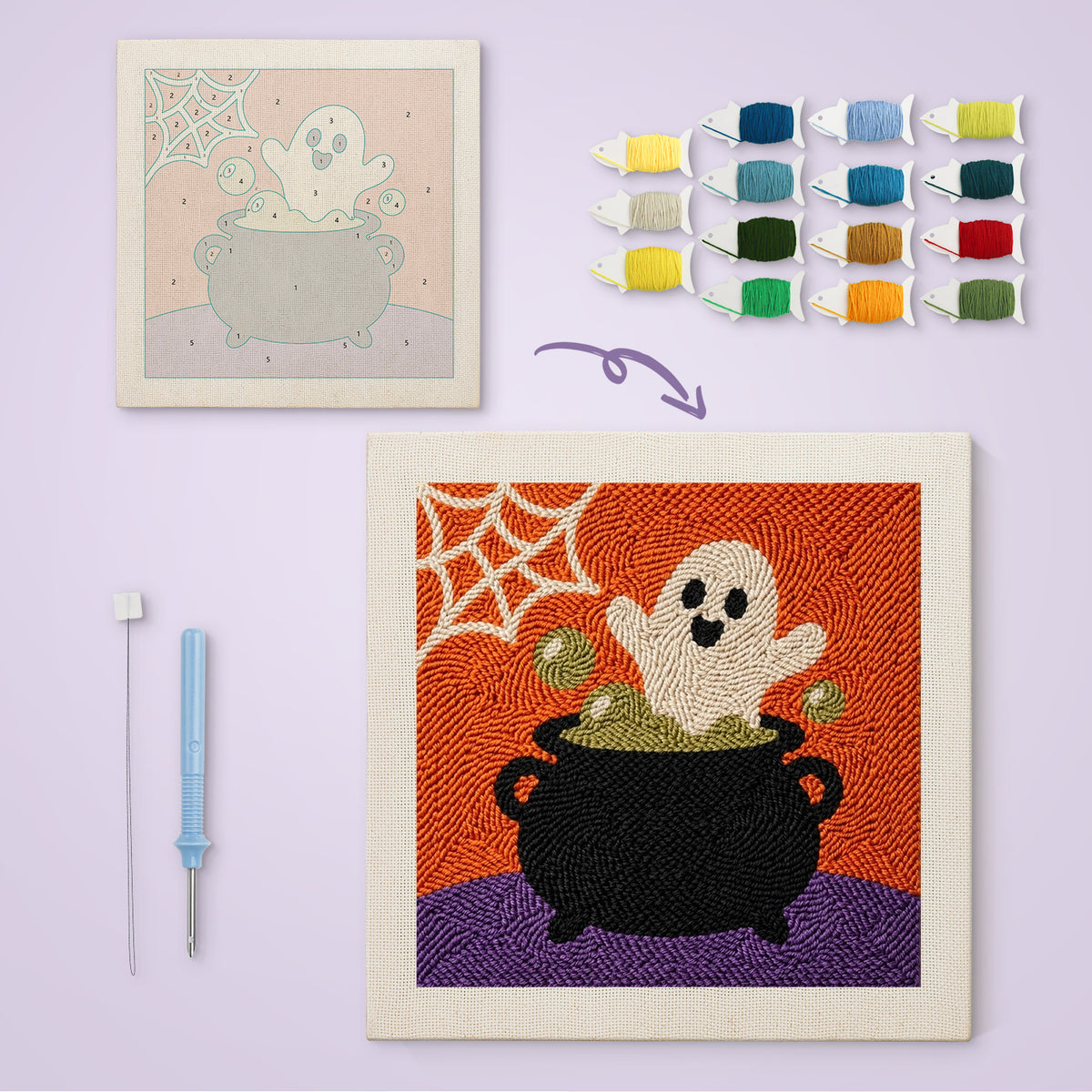 Cauldron Ghost canvas before and after punching, with the threads and tools