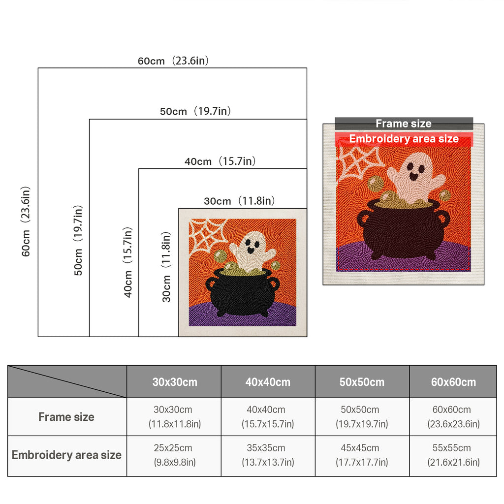 Size chart for square punch needle kits from 30 x 30 cm to 60 x 60 cm